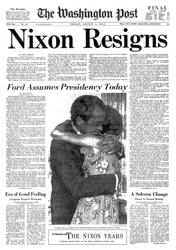 Portada del 'Washington Post' sobre la dimisión de Nixon