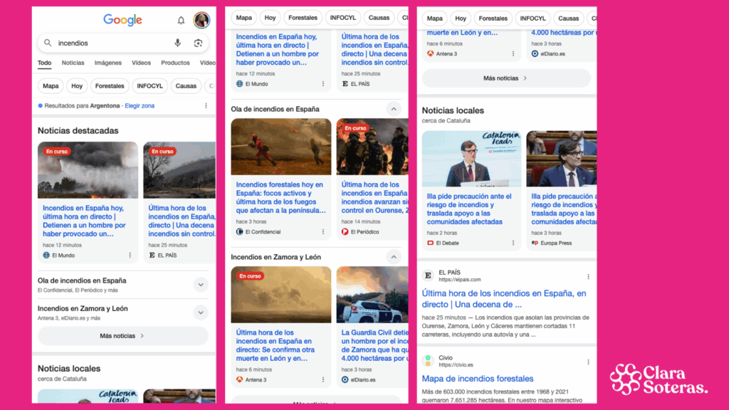 Imagen 3. Página de resultados en mobile para la búsqueda “incendios” en España, un tema tendencia en ese momento, realizada desde una población cerca de Barcelona. Por ello, muestra noticias locales próximas a la ubicación. Foto: Clara Soteras