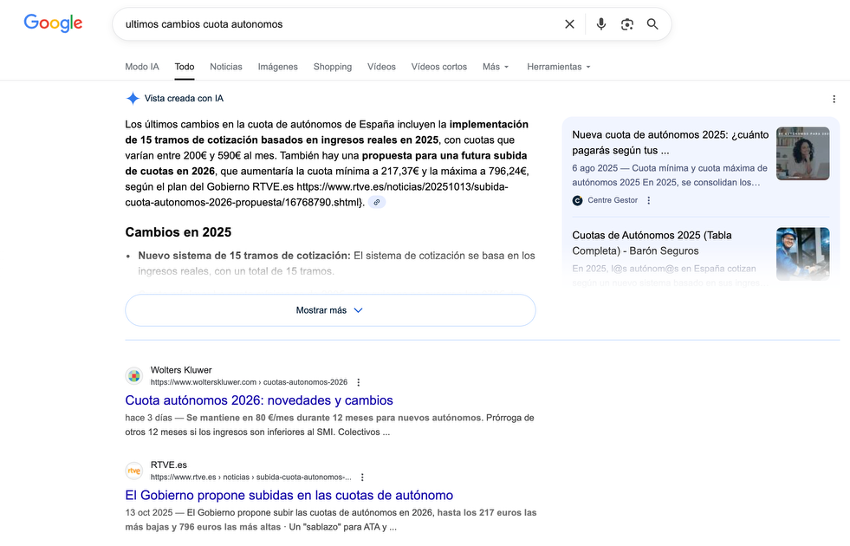 Imagen 6. Resultados de búsqueda en la SERP para “últimos cambios cuota autónomos”, donde se ven resultados de AI Overviews. Foto: Clara Soteras