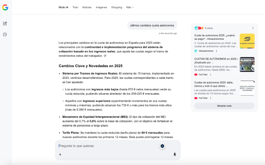 Imagen 7. Página de resultados del Modo IA para “últimos cambios cuota autónomos”, donde se ve una respuesta mucho más elaborada y extensa por parte de Google. Foto: Clara Soteras