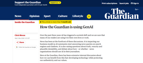 Publicación en 'The Guardian' sobre el uso interno de la IA (Moran, 2026)